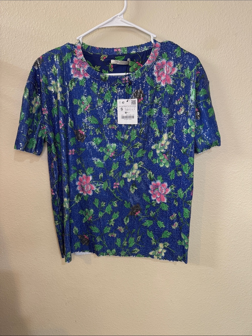 Zara Blue Floral Short-Sleeve Tee with Pink Blossoms